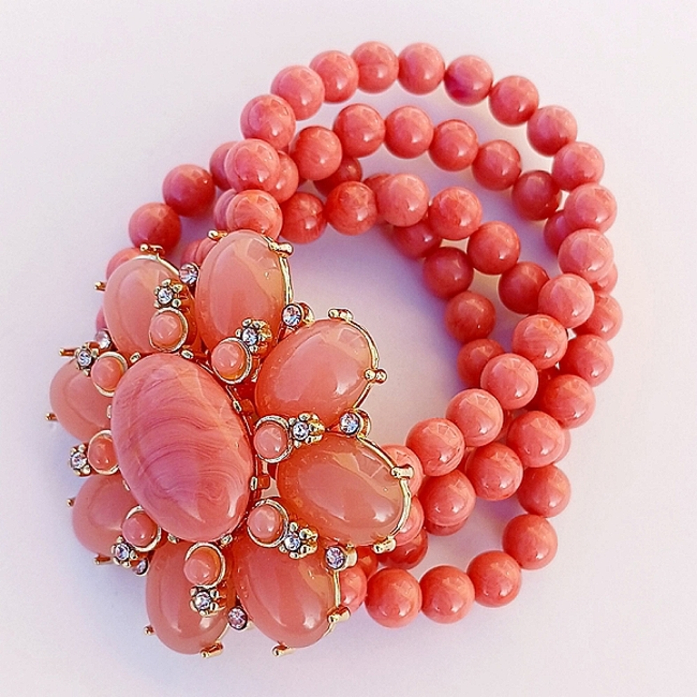 Pink Stretch Bracelet Stones Rhinestones Flower Costume Goldtone